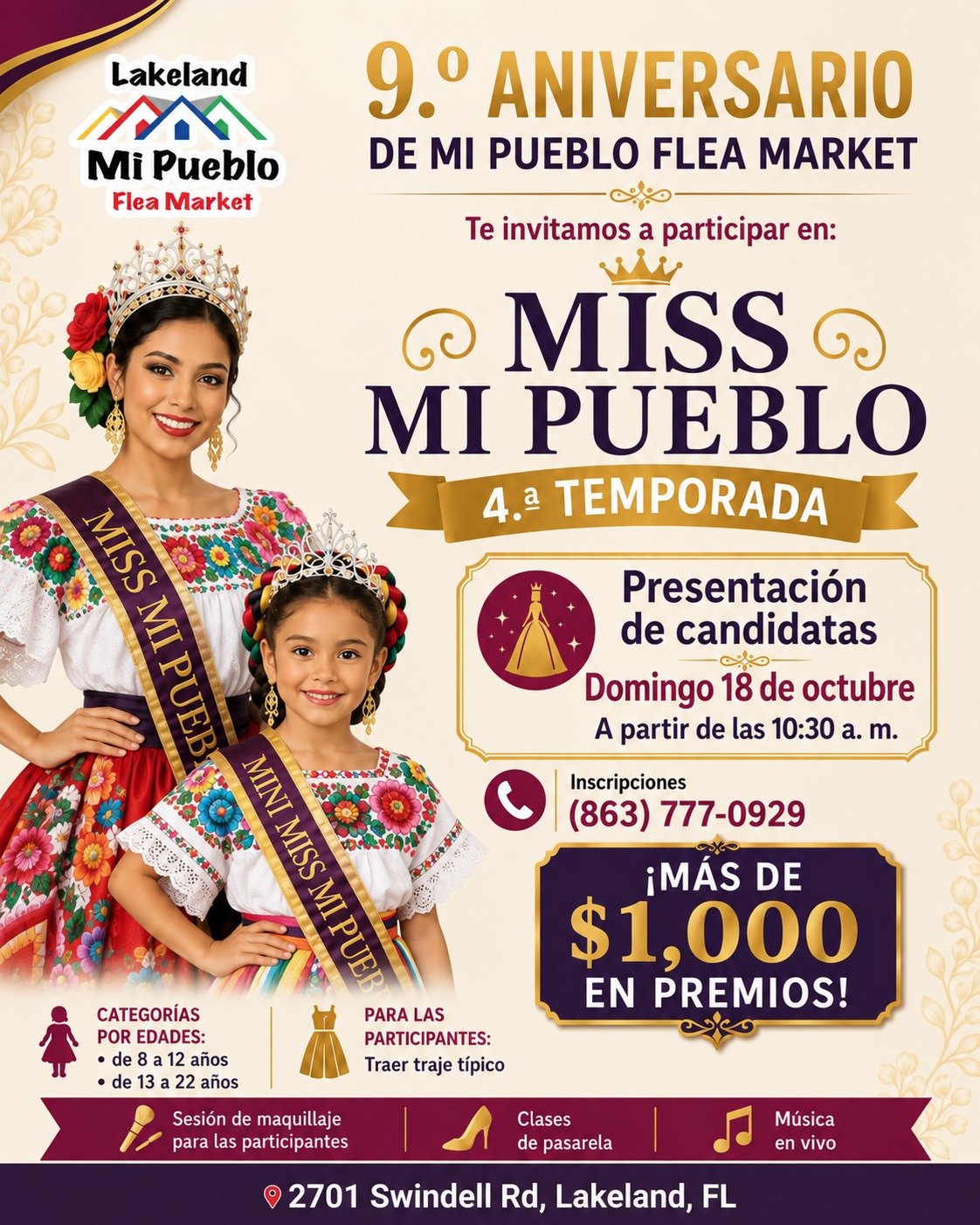 Flyer de inscripción Miss y Mini Miss Mi Pueblo Flea Market 2026