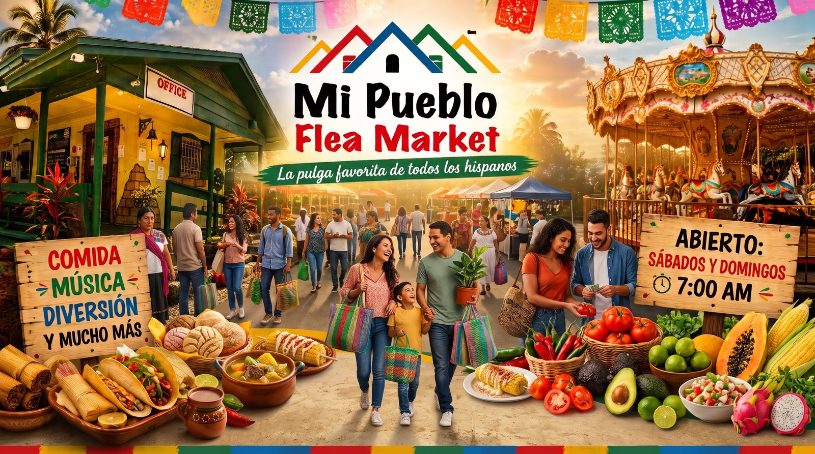 Portada de Mi Pueblo Flea Market con comida, familias, cultura y diversión